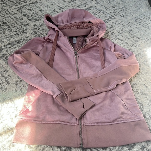 Athleta Triumph Luxe Shine Sherpa Lined Hoodie Sweatshirt Jacket Mauve - Picture 3 of 5
